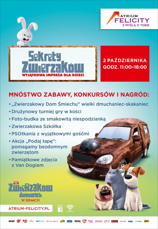 Pierwszy październikowy weekend w Lublinie - co będzie się działo - Sekrety Zwierzaków w C.H. Atrium Felicity &#8211;  impreza rozrywkowo-edukacyjna związana z premierą  komedii animowanej Sekretne życie zwierzaków domowych. Na uczestników czeka mnóstwo gier, zabaw i warsztatów. Niedziela: godz. 11:00. Bezpłatnie.